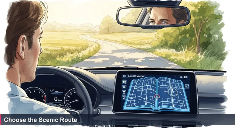 A person driving a car, looking at a navigation screen showing a direct optimal route, with a scenic Kansas country road visible through the windshield.