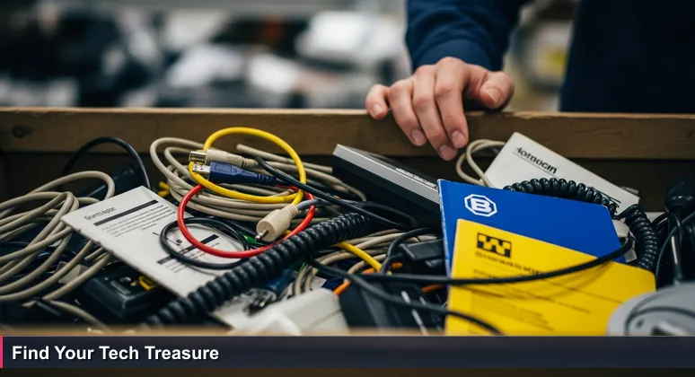 A close-up of a thrift store bin filled with tangled electronics cords and gadgets, with a hand reaching in, representing the search for free tech training in Topeka.
