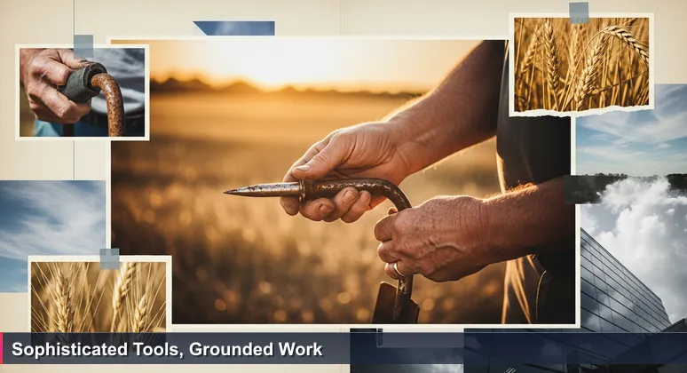 Weathered hands holding a soil probe tool in a Kansas wheat field, with a modern agricultural research facility in the background.