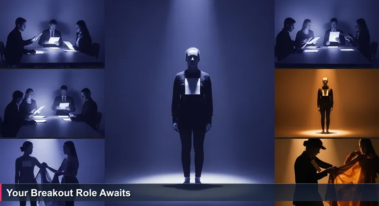 A junior developer stands nervously in a spotlight with a paper number, facing judges at a table, symbolizing the job search in Topeka's tech startup scene.