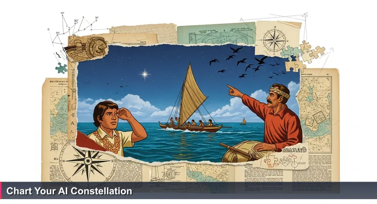 A Micronesian student and navigator in a traditional canoe under a starry sky, symbolizing the holistic journey to an AI career.