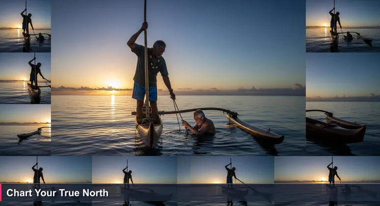 A master navigator in a traditional outrigger canoe at dawn, feeling ocean currents with one hand dipped in water, symbolizing layered compensation in Micronesia's tech careers.