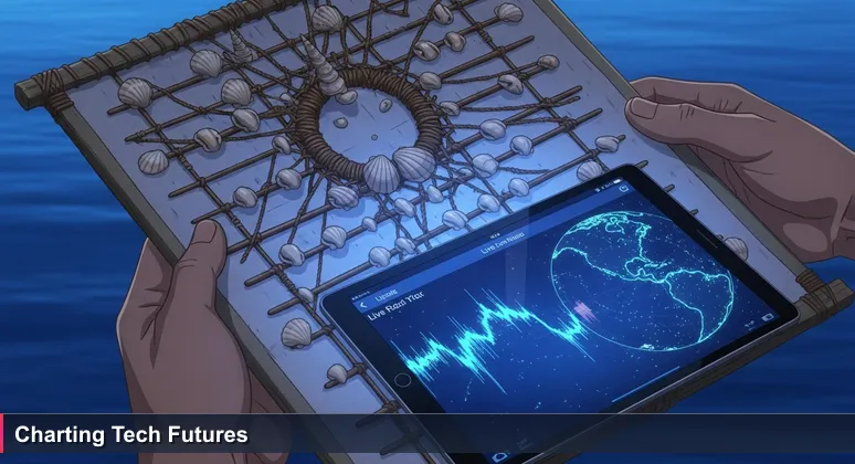 A weathered hand holding a traditional Pacific navigation stick chart with a modern tablet displaying satellite data over an ocean dawn.