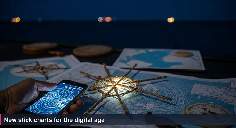 A weathered hand holds a traditional Micronesian stick chart with a smartphone overlay showing ocean current maps under a starry sky with distant ship lights.