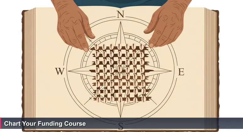 Elder's weathered hands holding a traditional Micronesian stick chart, symbolizing the synthesis of funding opportunities for tech training in 2026.