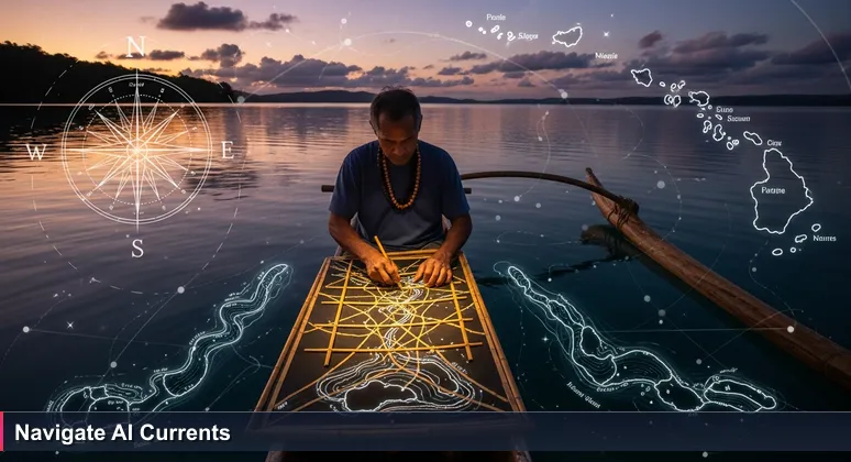 A Micronesian navigator in an outrigger canoe at dusk, carving a stick chart to map connections between islands, symbolizing AI networking strategies.