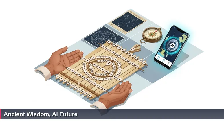 Weathered hands holding a traditional Micronesian stick chart and a satellite phone with AI weather maps, symbolizing navigation for AI careers in Micronesia.