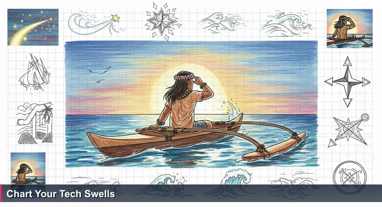 A traditional Micronesian navigator in an outrigger canoe at dusk, hand feeling ocean currents while scanning the starry horizon for tech career paths.