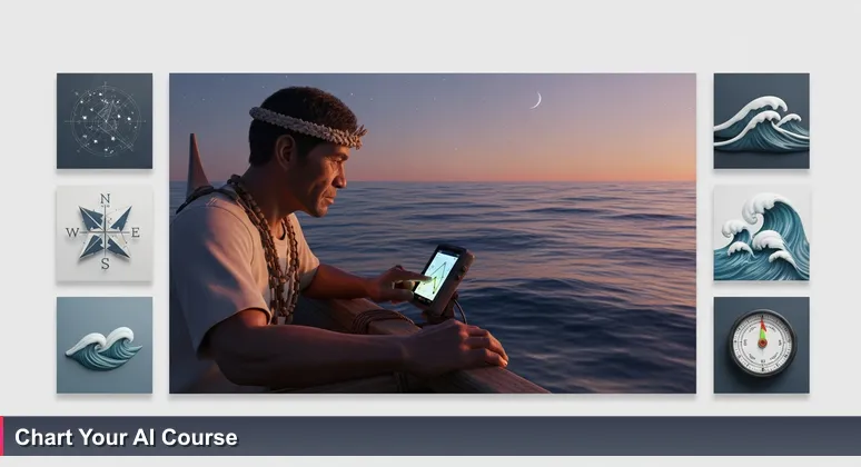 A Micronesian navigator in a canoe at dusk, one hand feeling the ocean swell and the other near a glowing GPS screen, symbolizing the choice between traditional wayfinding and modern AI education paths.