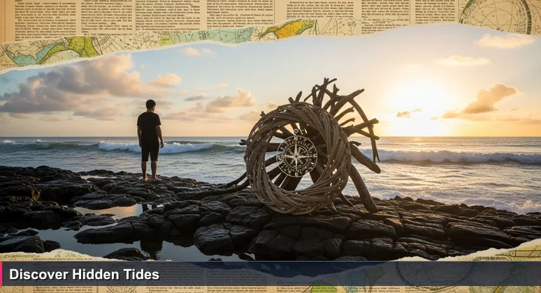 A person on Pohnpei's rocky shoreline at dawn examining a driftwood sculpture, symbolizing hidden cybersecurity job opportunities in Micronesia.