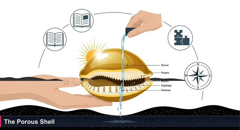Close-up of a golden cowrie shell on black sand with water leaking out, symbolizing hidden budget costs in Micronesian tech life.
