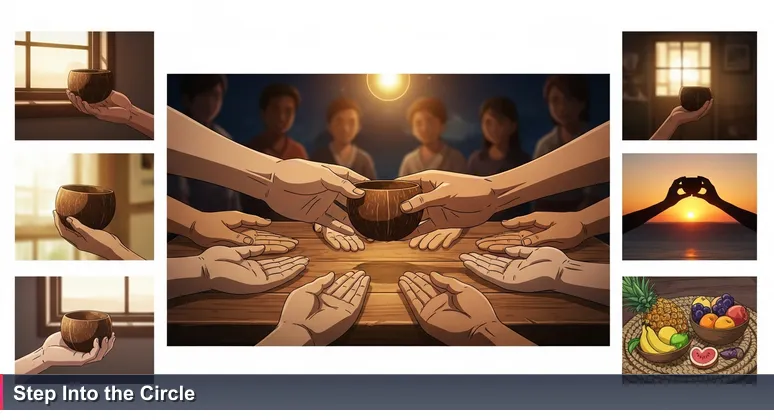 Weathered hands passing a coconut cup in a communal circle at dusk, symbolizing open-access tech education in Micronesian communities.