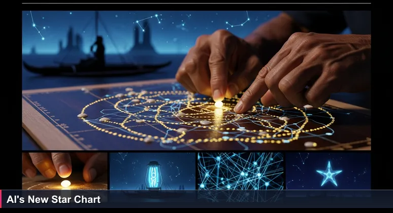 Weathered hands of a Micronesian navigator tracing a traditional stick chart under lantern light, with a canoe silhouette against stars, symbolizing AI career navigation.