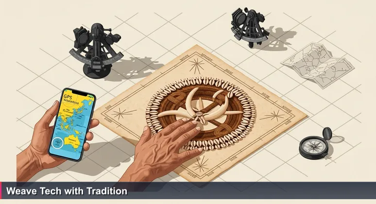 Weathered hands of a Micronesian navigator holding a smartphone with a GPS map over a traditional stick chart, symbolizing the fusion of modern tech and ancestral wisdom in island innovation.