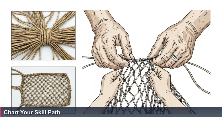 Close-up of experienced and young hands tying a knot in a traditional Micronesian fishing net, symbolizing skill transfer for tech careers without degrees in 2026.
