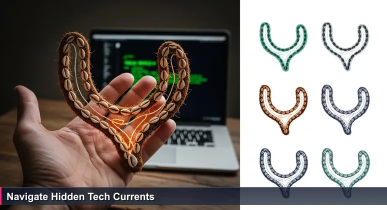 A weathered hand holds a traditional Micronesian stick chart made of shells and fiber, with a laptop displaying code in the background, symbolizing navigation and tech opportunities.