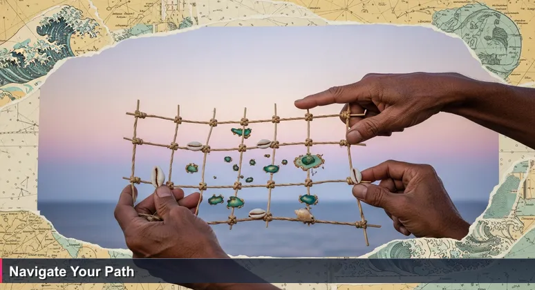 A Micronesian navigator's weathered hands adjusting a traditional stick chart with shells, symbolizing wayfinding for women in tech careers across Pohnpei, Chuuk, Yap, and Kosrae.