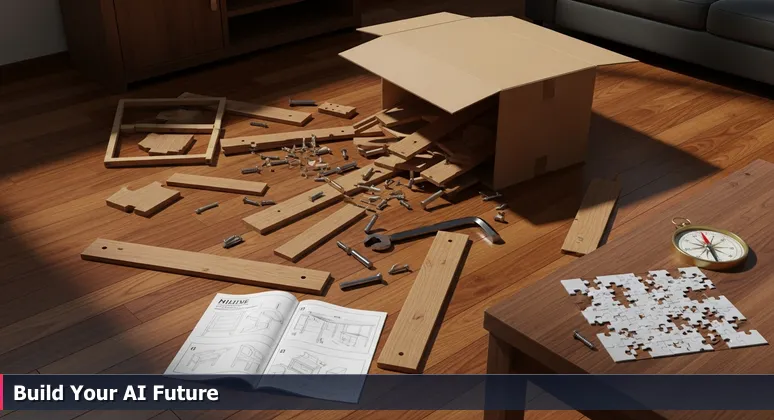 A flat-pack furniture box with scattered pieces symbolizing the unassembled skills for building an AI career in Hialeah, Florida in 2026.