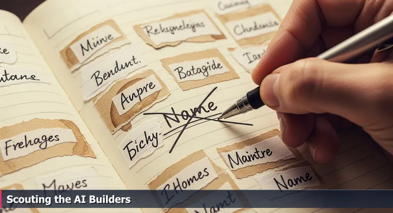 A baseball scout's weathered notebook with crossed-out AI startup names, coffee stains, and handwritten rankings for Hialeah's top tech picks in 2026.