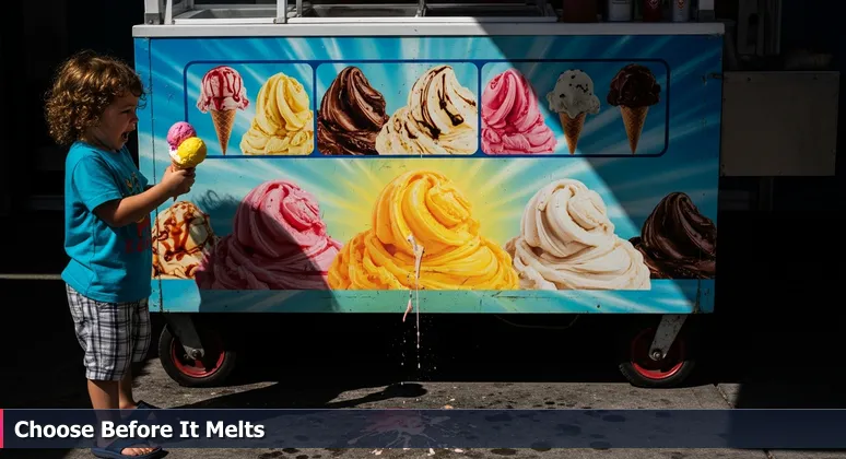 A child in Hialeah on a hot day, panicking as ice cream melts from their hands, symbolizing the urgency of choosing a tech career in the local market.