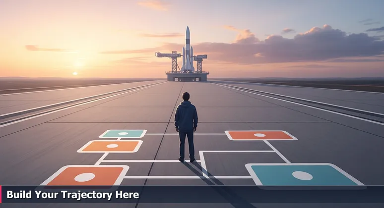 A dawn scene of a concrete launchpad with scorch marks and a distant rocket silhouette, symbolizing Hialeah's role as a foundation for tech careers in Miami.