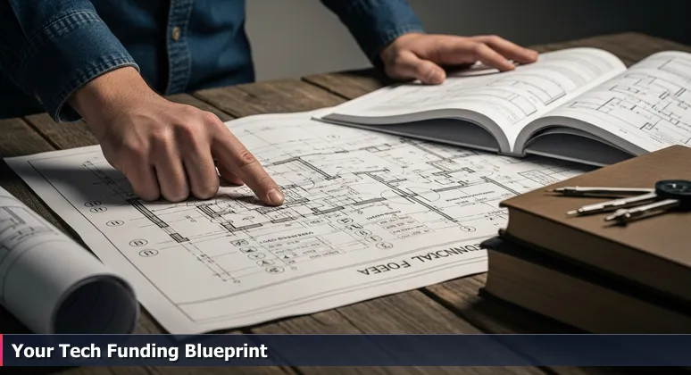 A construction apprentice's hands tracing lines on an architectural blueprint, with a finger pointing to a legend, symbolizing the decoding of tech training funding in Hialeah.