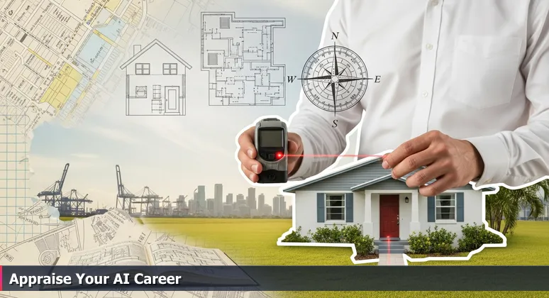 A real estate appraiser in Hialeah, Florida, using a laser measurer in front of a house with PortMiami and downtown skyline in the background, symbolizing the appraisal of AI salaries in the local market.
