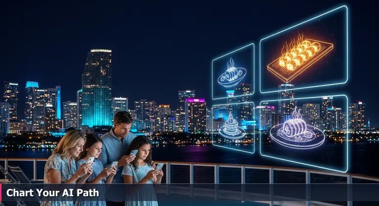 A frustrated family on a cruise ship deck in PortMiami using smartphones to book dinner, with the glittering Miami skyline and Miami Tower in the background.