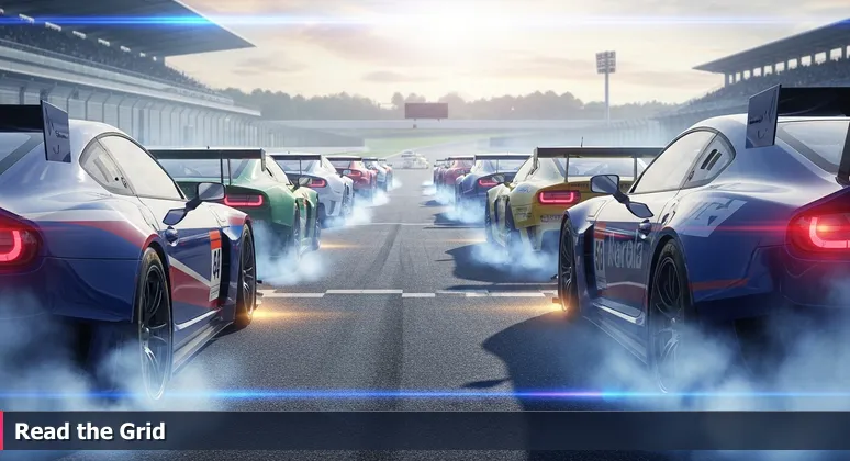 A dynamic racetrack starting grid with multiple cars revving engines, representing the array of tech apprenticeships and jobs in Hialeah, FL.