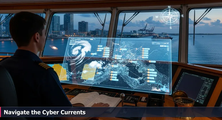 A cybersecurity expert on a cruise ship bridge at PortMiami, analyzing a digital chart of interconnected systems representing Hialeah's job market
