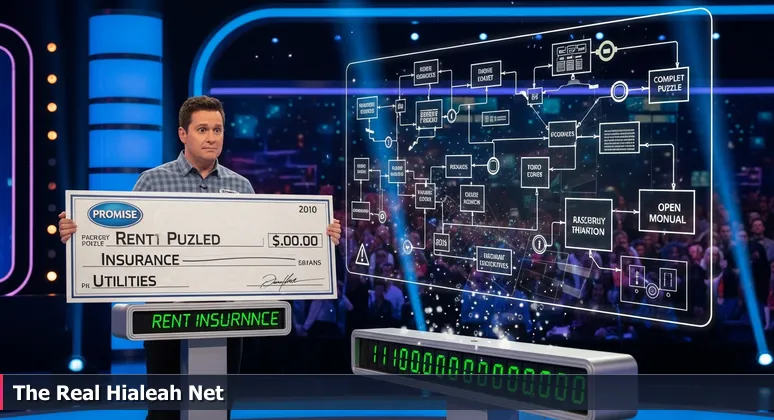 A tech professional holding a giant $100,000 check on a game show set, with a scrolling ticker showing Hialeah cost deductions like rent and insurance.