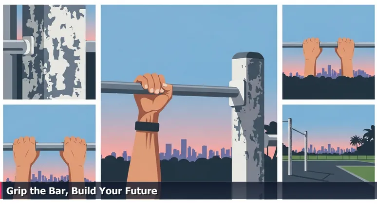 Close-up of worn hands gripping a metal pull-up bar in a Hialeah park at dawn, with Miami skyline in background, symbolizing free tech training access.