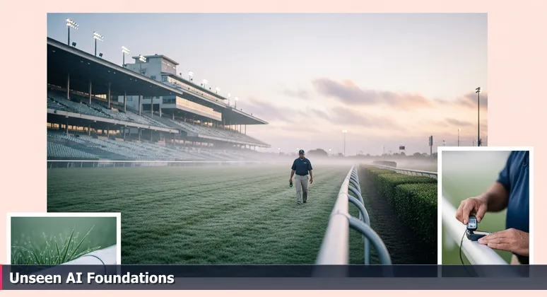 A groundskeeper walks the dewy Hialeah Park race track at dawn with a sensor, representing foundational AI work in Hialeah's local industries.