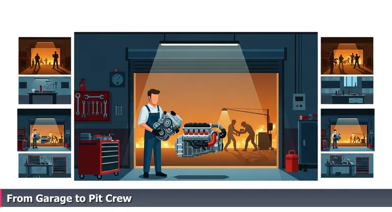 A solo mechanic in a garage holding a car part, with a vibrant pit crew working energetically in the background, symbolizing the choice between independent and collaborative workspaces for tech professionals in Hialeah, FL.