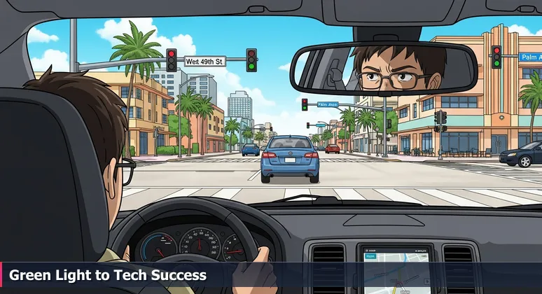 View from a car dashboard at a green traffic light on a Hialeah street, with a stationary car ahead, symbolizing stalled career opportunities in tech without a degree.