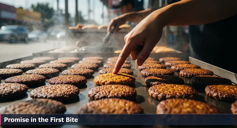 A close-up at a Hialeah frita stand with hands pointing to a sizzling burger, symbolizing choosing tech startups by hidden mentorship and growth culture for junior developers.