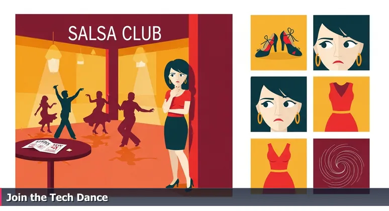 A woman stands at the edge of a vibrant salsa club in Hialeah, watching dancers with anticipation, symbolizing the journey to join the local tech community.