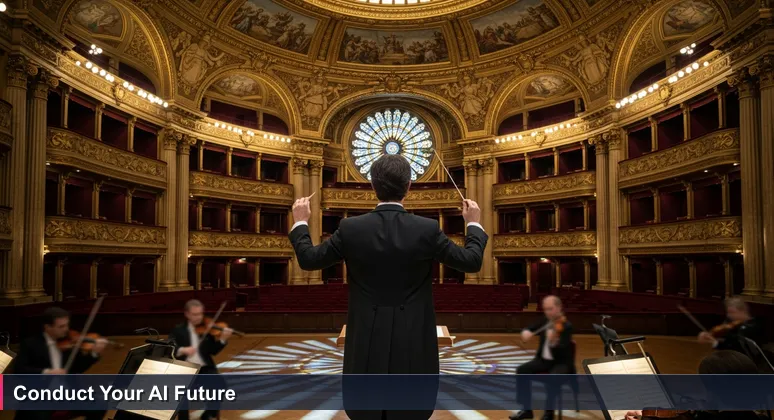A conductor in Monaco's Opéra Garnier, baton raised, symbolizing the orchestration of an AI career in the Principality's unique ecosystem.