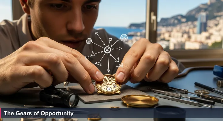 Close-up of a watchmaker's hands adjusting a small gear in a luxury watch, with Monaco's Mediterranean skyline visible through a window in the background.