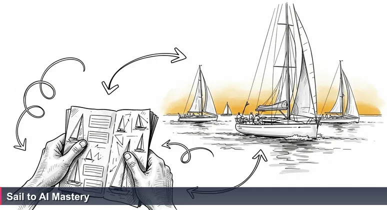 A novice sailor in Port Hercules, Monaco, struggles with a sailing manual on a drifting yacht, while expert sailors navigate smoothly in the sunset, symbolizing the AI engineering journey.
