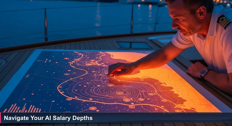 A yacht captain in Monaco harbor at dawn, focusing on a detailed nautical chart to navigate hidden currents, symbolizing strategic career planning for AI salaries.