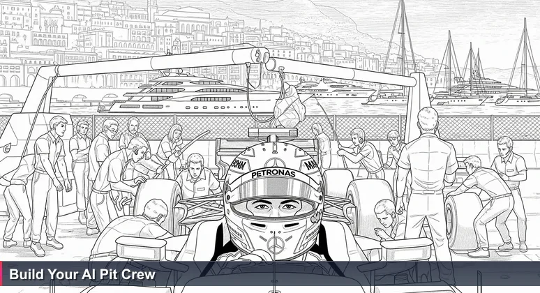 Formula 1 pit stop at Monaco Grand Prix with driver in cockpit, mechanics changing tires, and yachts in harbor background.