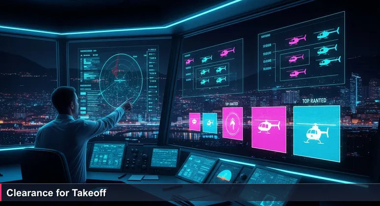 Air traffic controller in a Monaco heliport tower pointing at glowing radar screens, with the city's night skyline and blinking helicopter lights in the background.