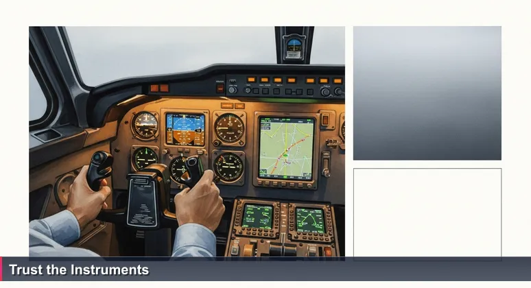 A pilot's hands on aircraft controls in a foggy cockpit, with a glowing instrument panel showing navigation data, symbolizing career guidance in Monaco's tech market