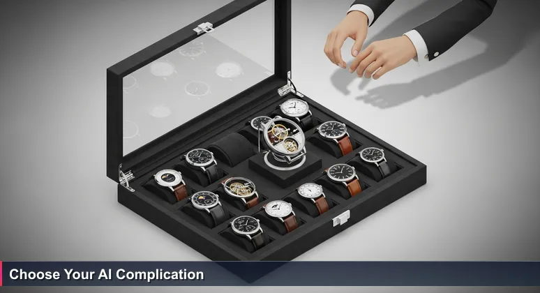 A luxurious watch case with ten timepieces, each representing a different AI bootcamp for Monaco professionals.