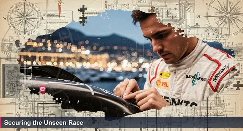 An F1 pit crew member in Monaco symbolizing cybersecurity experts, focused on securing digital systems with harbor in background.