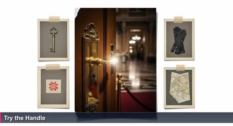 Close-up of a shiny brass door handle at Monte Carlo Casino with a velvet rope and empty marble foyer in the background, symbolizing accessible tech training.