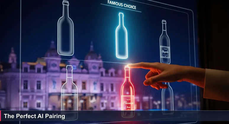 Close-up of a hand selecting from a wine list at a Monte-Carlo restaurant, with the Casino de Monte-Carlo blurred in the background.