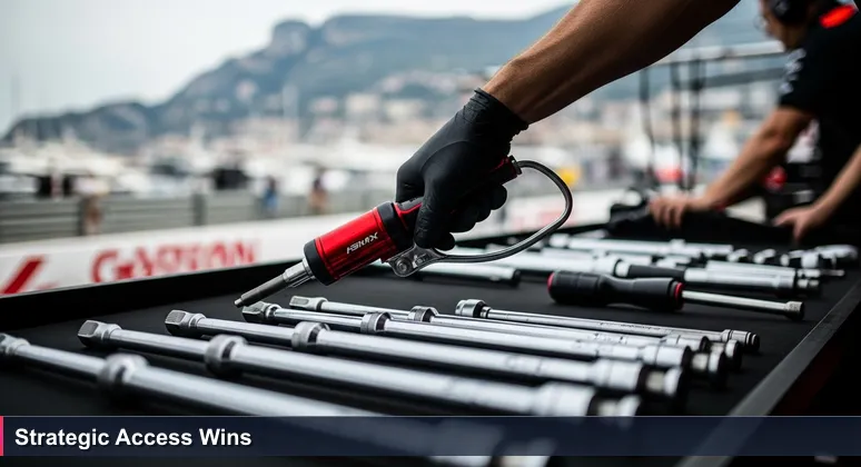 Close-up image from a Monaco Grand Prix pit stop: a gloved hand selecting a tire gun, symbolizing precise choice in tech workspaces.