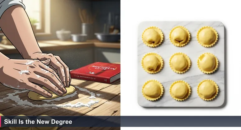 Hands skillfully shaping pasta dough in a kitchen with a Michelin Guide, symbolizing skill-based evaluation in Monaco's tech market.